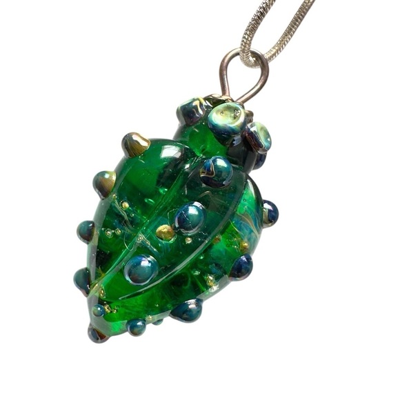Hand Blown Glass Pendant Necklace Green Multi Teardrop Applied Dots Artsy - Picture 3 of 6